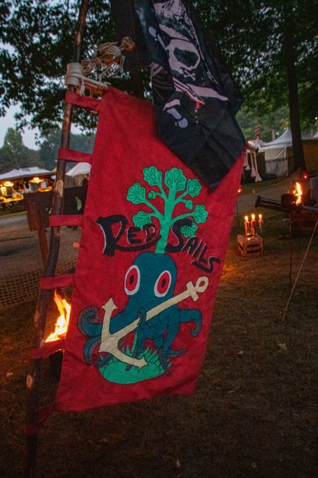 Rotes Banner mit stilisiertem Baum, Anker und Schriftzug "Red Smiles".