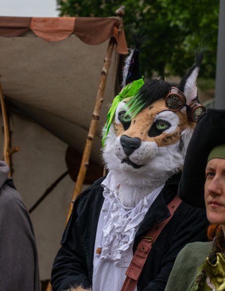 Person mit fuchsähnlicher Maske und grünen Haarsträhnen in historischer Kleidung.