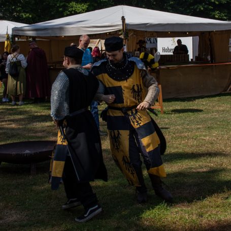 Zwei Ritter in historischen Kostümen, die auf einem Fest in der Natur interagieren.